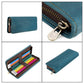 Blue leather zipper pen pouch, close-up of metal pull and interior slot compartments