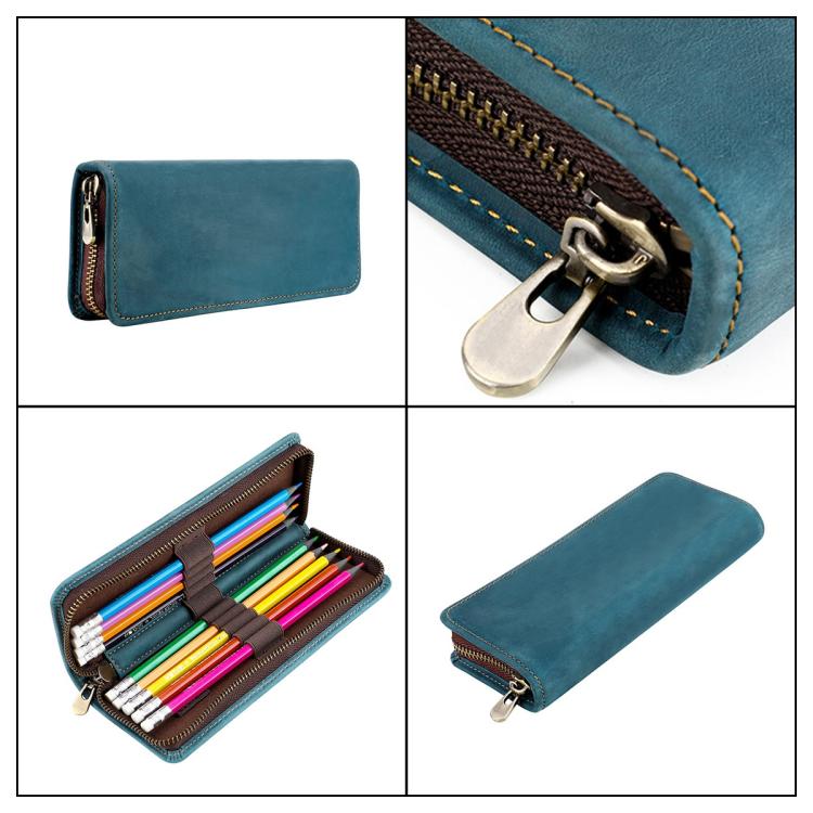 Blue leather zipper pen pouch, close-up of metal pull and interior slot compartments