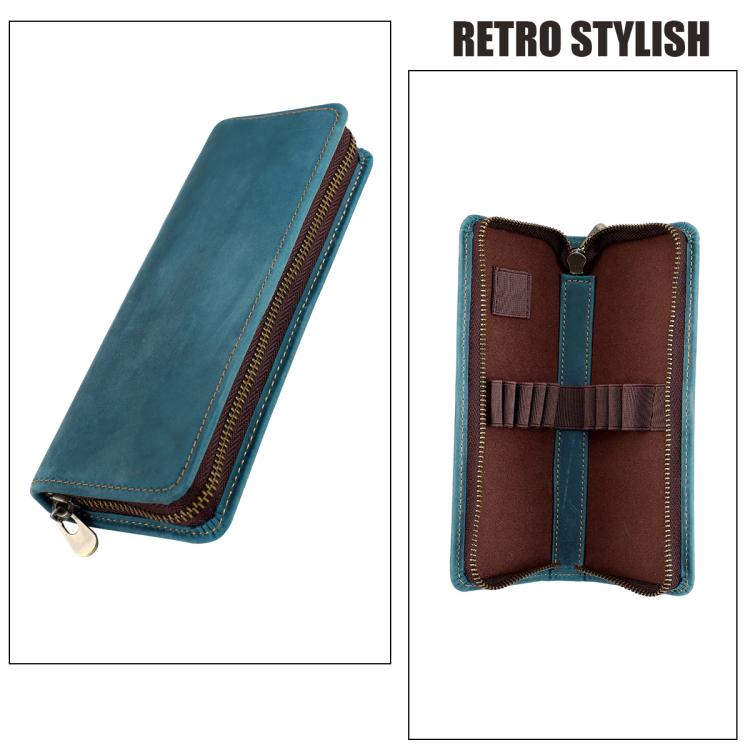 Teal genuine leather square zipper pen pouch, side view with gold zipper