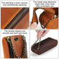 Leather pen pouch close-up: double zippers, snap closure, and chain strap