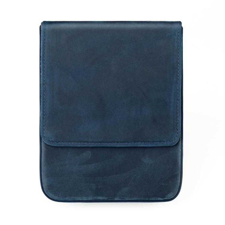 Crazy Horse leather pull-out fountain pen cap cover, blue, snap-flap front