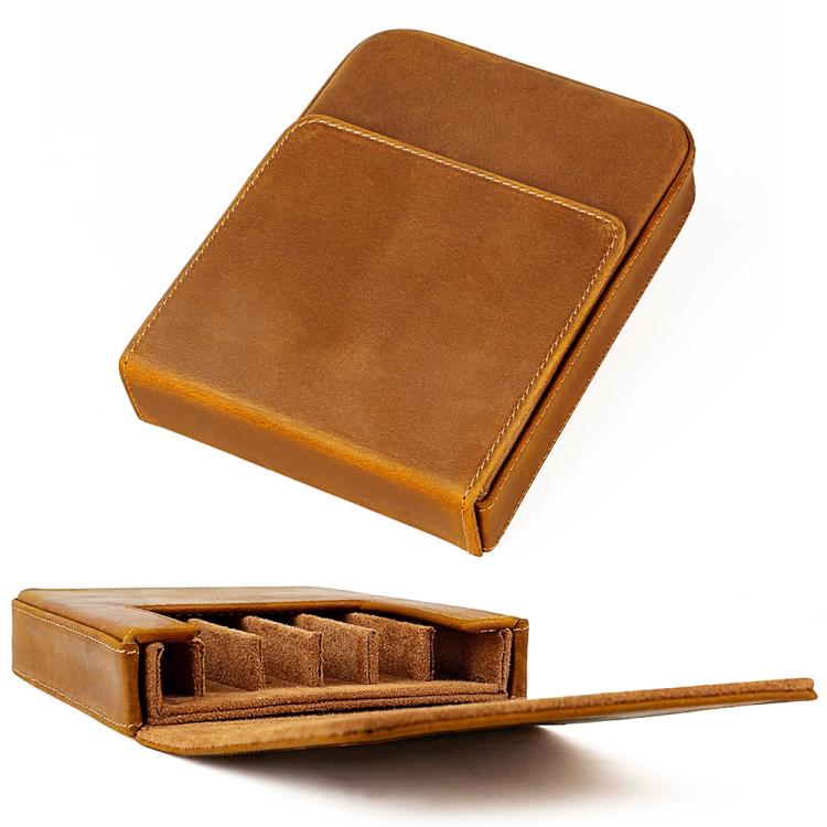Crazy Horse leather pull-out fountain pen cap case, tan, open with interior slots