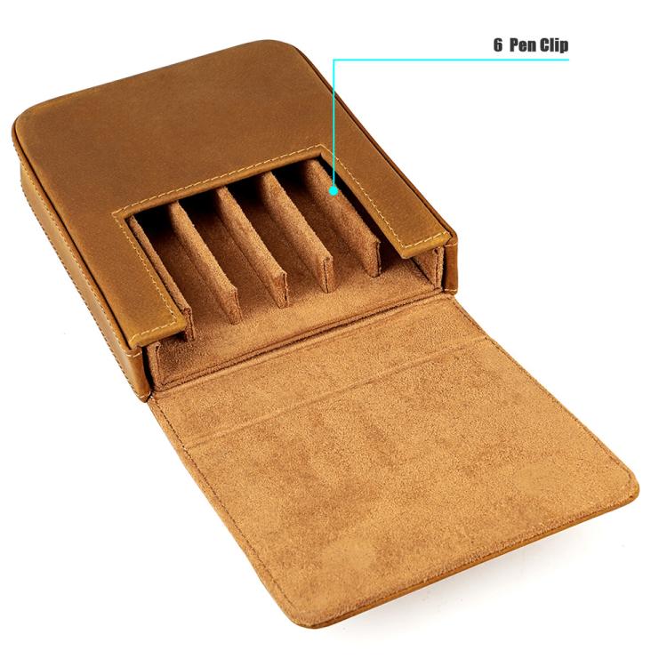 Crazy Horse leather pull-out fountain pen cap case, tan, open with pen clips
