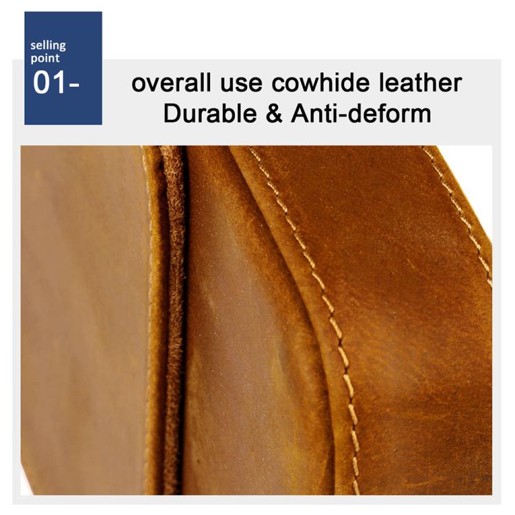 Brown crazy horse leather fountain pen cap with visible edge stitching