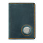 Vintage leather passport card holder in blue-green with circular tracker slot and orange stitching