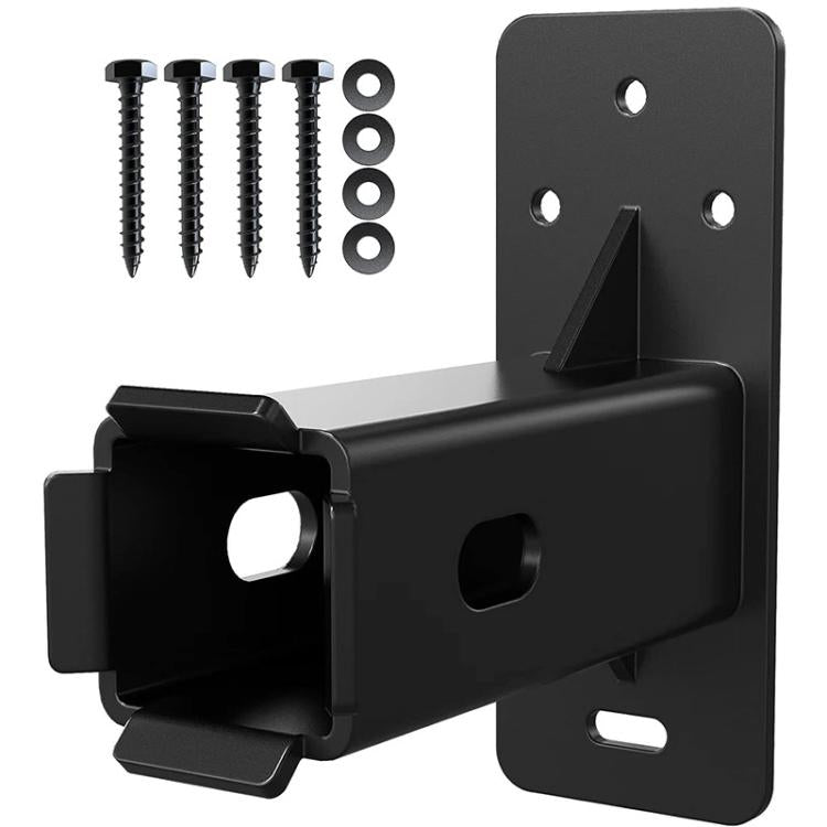Black bicycle wall bracket with mounting plate, clamp arm, and included screws