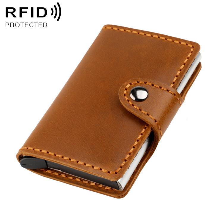 Brown leather card holder with snap strap and stitched edges, slim aluminum pocket