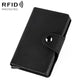 Black leather card holder with snap strap detail and minimal stitching, slim fold