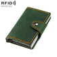 Green leather card holder with snap strap and orange stitching, slim fold-over case