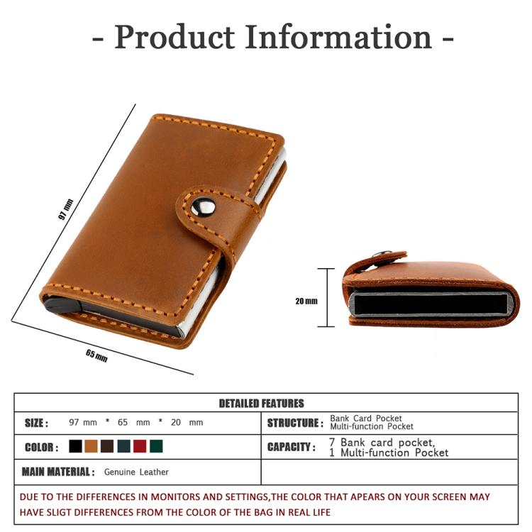 Tan leather card holder with snap strap, shown with dimensions and side profile