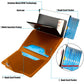 Brown leather card holder opened, showing multi-card pockets and layered interior panel