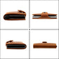 Tan leather RFID card case with fold-over flap and metal snap ends
