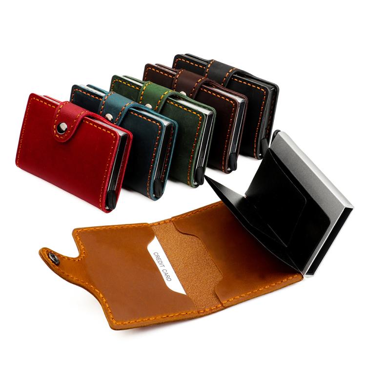 Assorted leather RFID card holders with aluminum slide box and fold-over flap