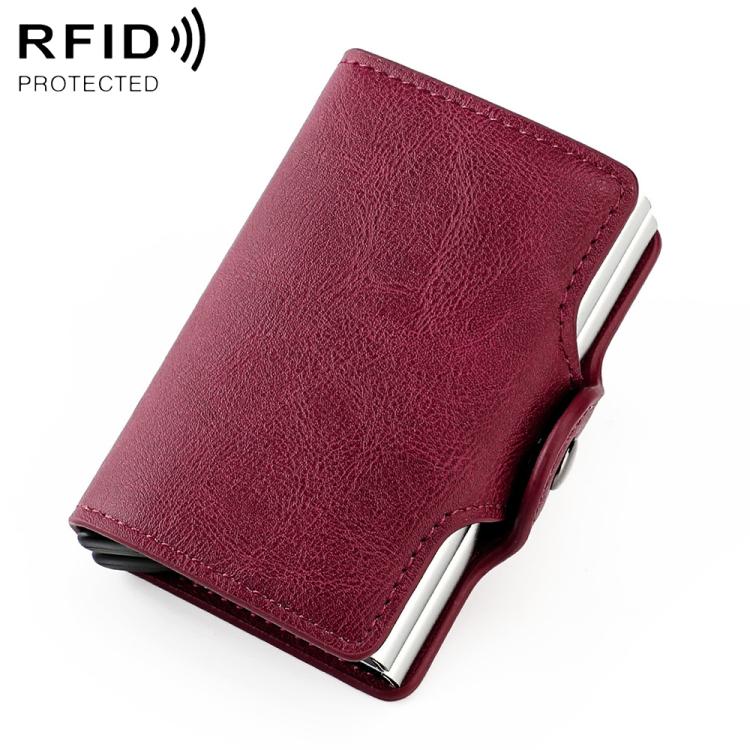 Wine red leather RFID card holder with automatic pop-up cover