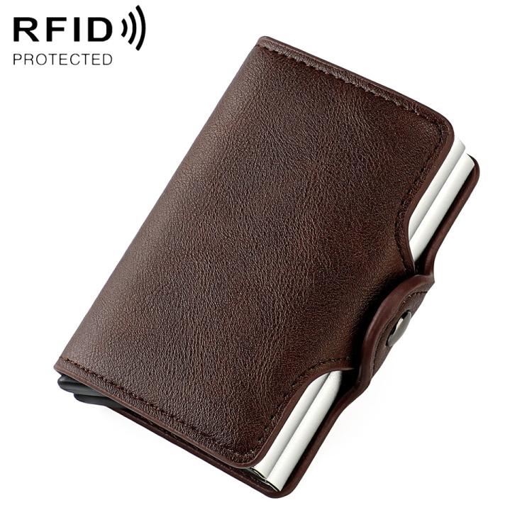 Dark brown leather RFID card holder with automatic pop-up cover