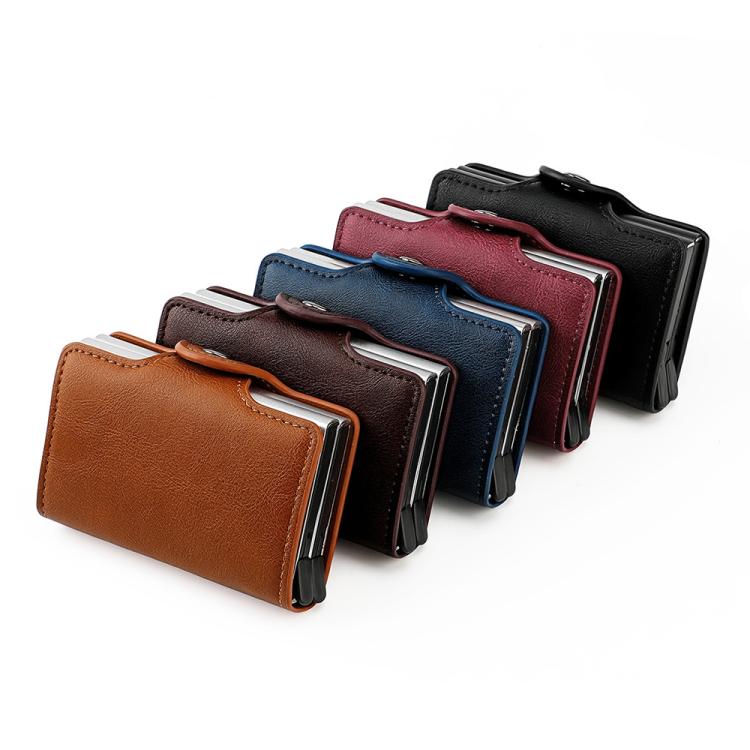 Assorted-color RFID card cases with snap-open aluminum frame and card slots.