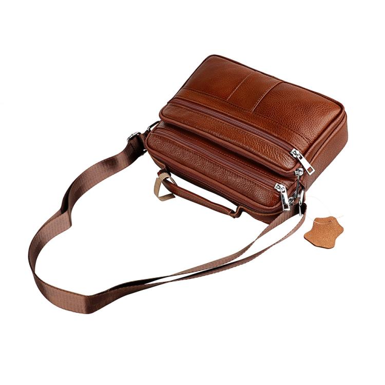 Brown leather shoulder bag with top handle, front zippers, and adjustable strap