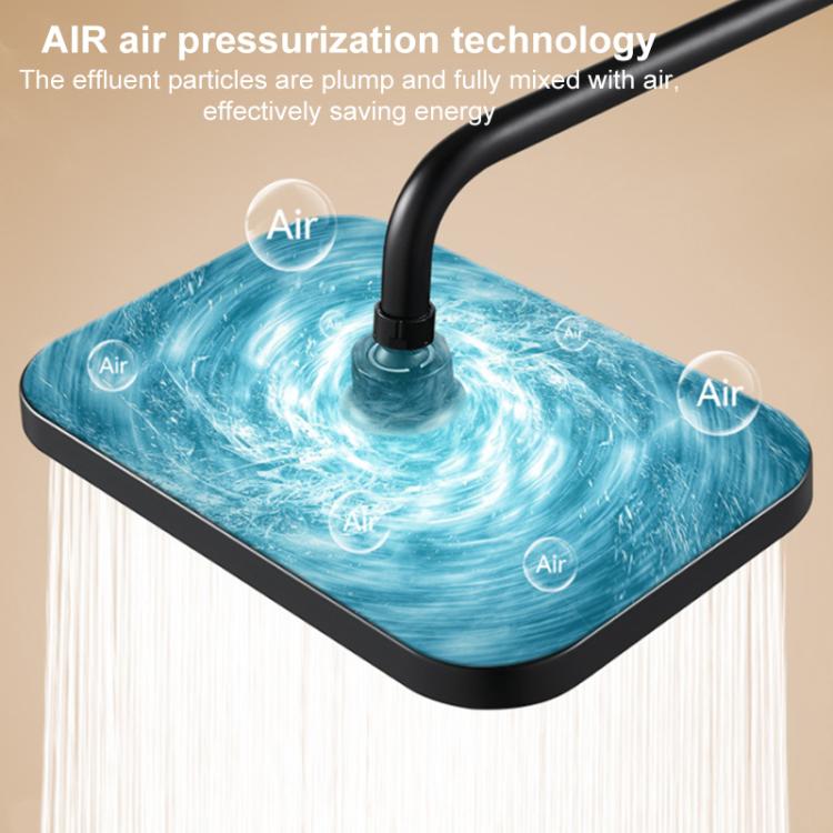 Square overhead shower head with black outlet face and visible water spray swirl