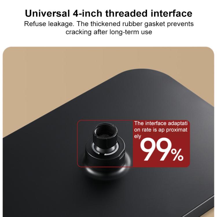 Square shower head with 4-inch threaded connection outlet for overhead mounting