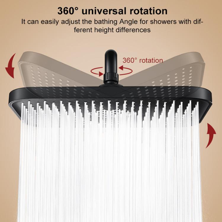 Square overhead shower head spraying wide water stream from adjustable overhead mount