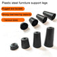 Multiple black plastic furniture support leg feet, cylindrical design with central holes