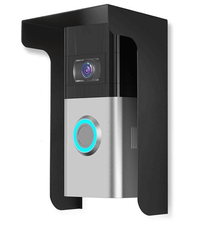 Rainproof doorbell cover with metal mounting bracket, black and silver with blue ring light