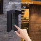 Black doorbell rainproof protector cover over doorbell camera with glowing blue ring