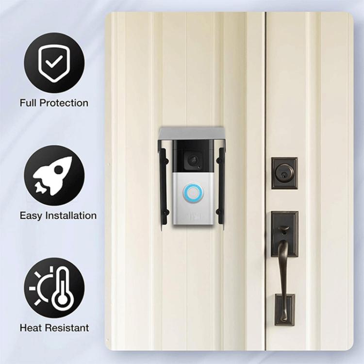 Doorbell rainproof cover installed on wall, black frame with camera window and blue ring