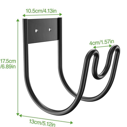 Black wall-mounted U hose hanger hook bracket with labeled dimensions