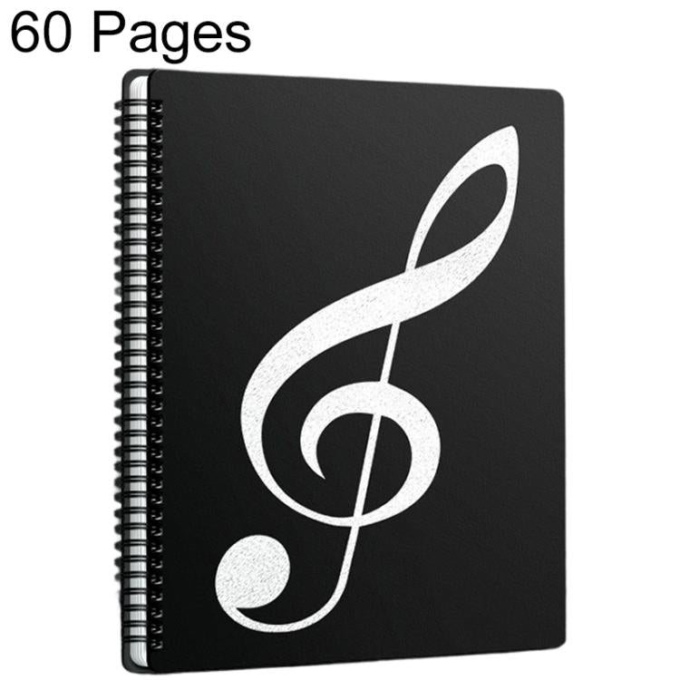 Black expandable music sheet binder folder with spiral binding and treble clef cover, 60 pages