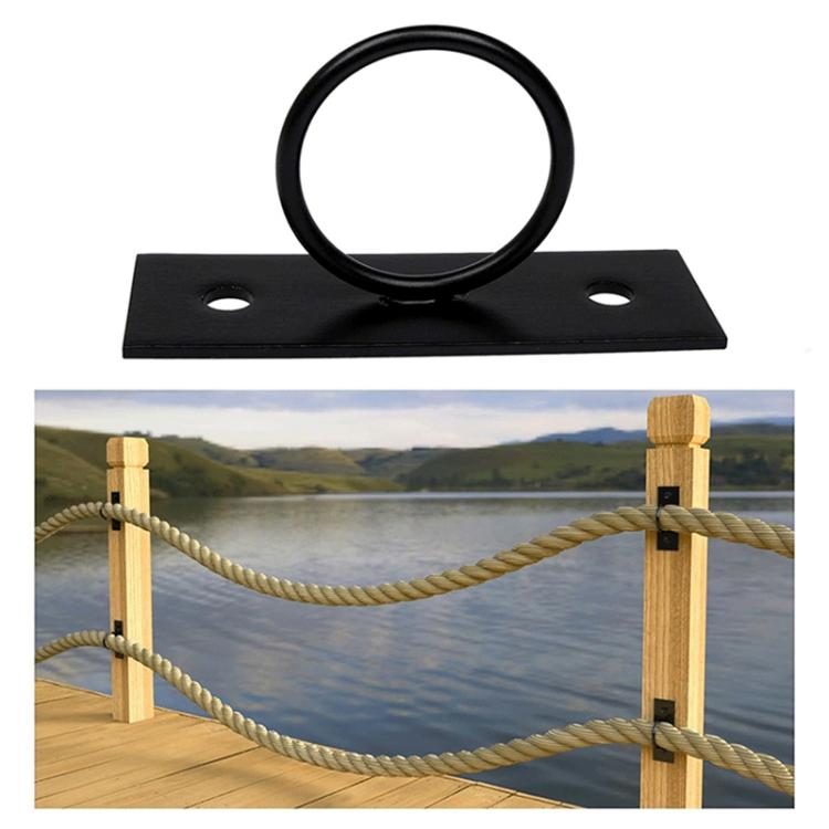 Black rope fixing ring bracket with flat mounting plate and circular ring loop