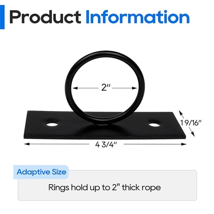 Black rope ring bracket with flat plate and circular loop; holds up to 2 in rope