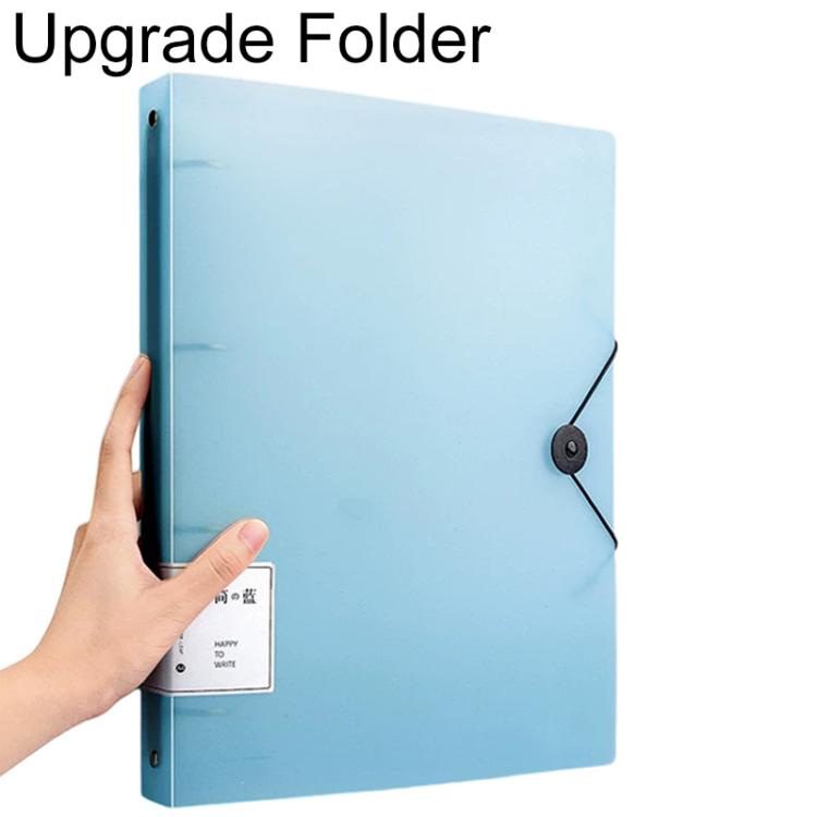 A4 translucent document folder, transparent blue with four-hole rings and strap closure
