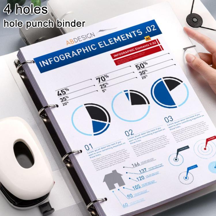 Open A4 four-hole binder folder with metal rings holding printed sheets