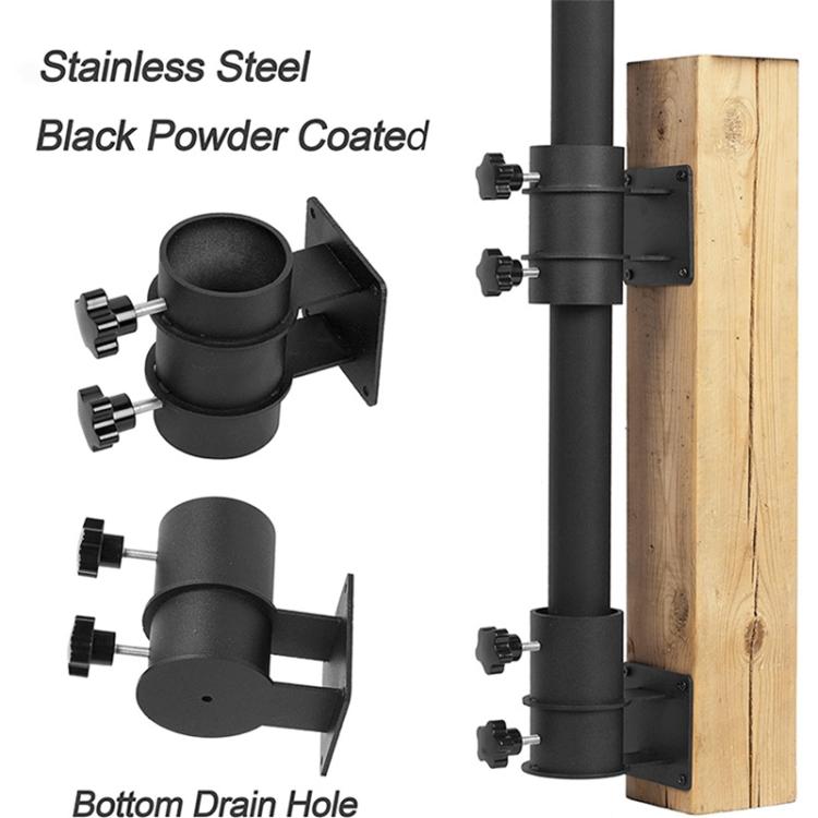 Black powder-coated stainless steel umbrella holder with clamp arms and bottom drain hole