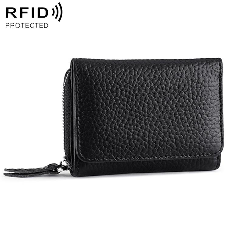 Black tri-fold RFID storage bag with textured finish, front flap, and zipper closure.