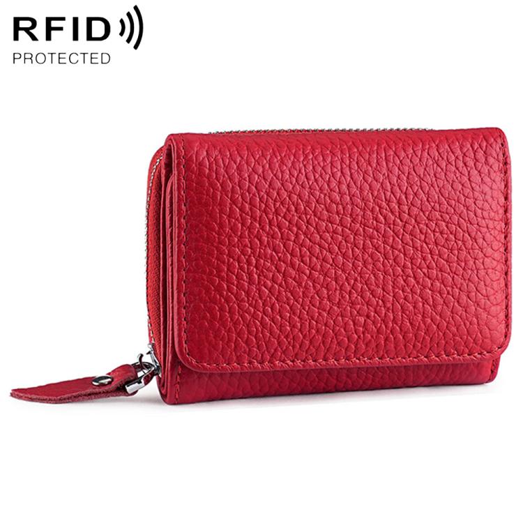 Red tri-fold RFID storage bag with textured finish, front flap, and zipper closure.