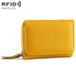 Yellow tri-fold RFID storage bag with textured finish, front flap, and zipper closure.