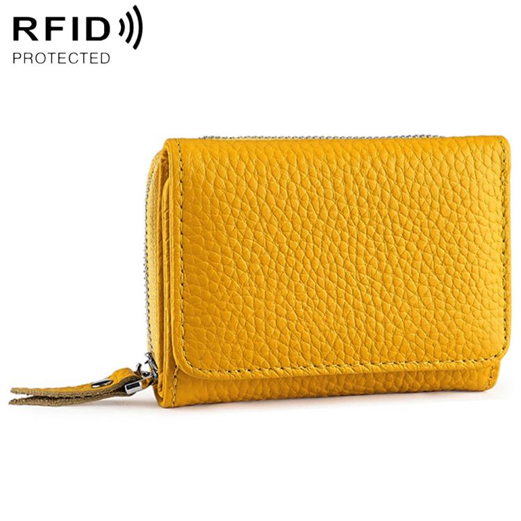 Yellow tri-fold RFID storage bag with textured finish, front flap, and zipper closure.