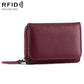 Wine red tri-fold RFID storage bag with textured finish, front flap, and zipper closure.