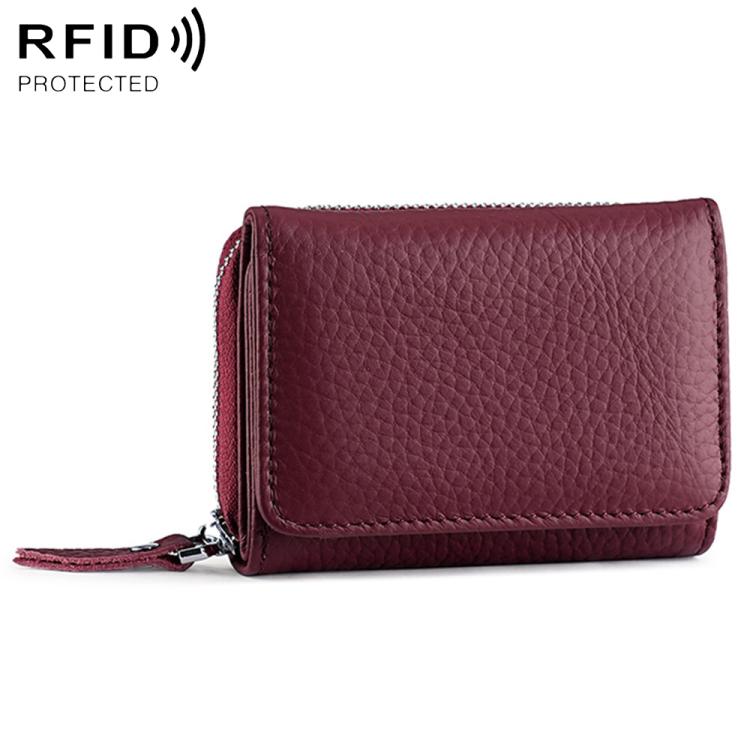 Wine red tri-fold RFID storage bag with textured finish, front flap, and zipper closure.