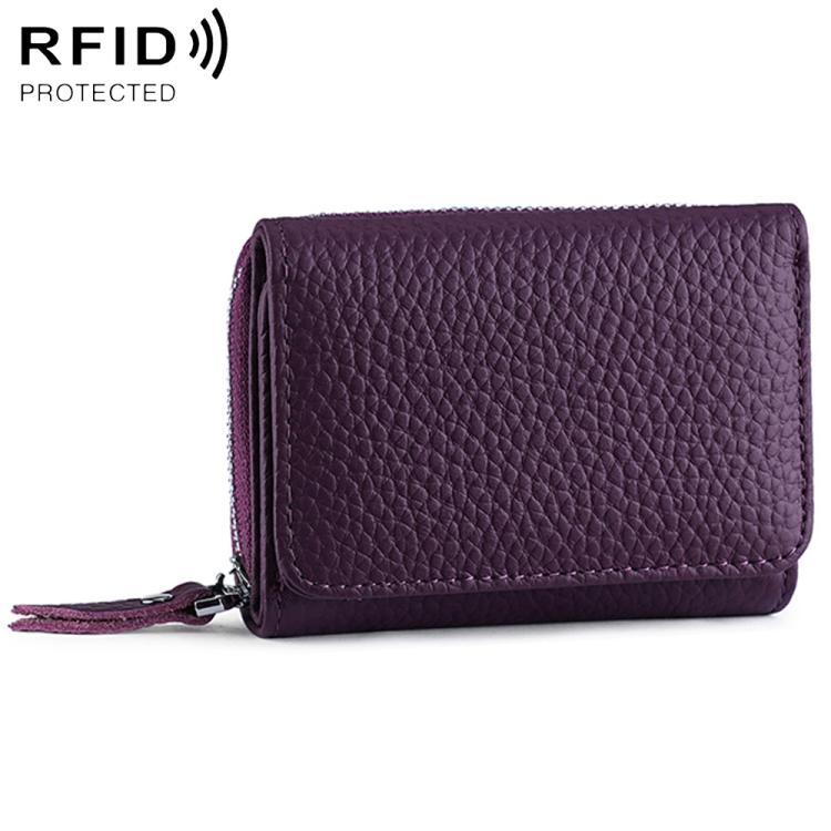 Purple tri-fold RFID storage bag with textured finish, front flap, and zipper closure.
