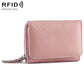 Pink tri-fold RFID storage bag with textured finish, front flap, and zipper closure.