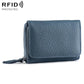 Gray blue tri-fold RFID storage bag with textured finish, front flap, and zipper closure.