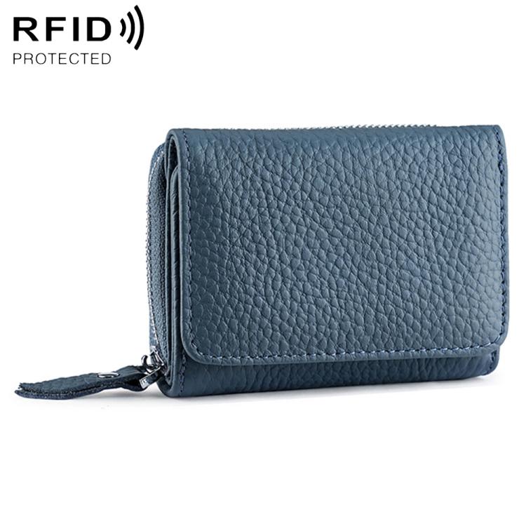 Gray blue tri-fold RFID storage bag with textured finish, front flap, and zipper closure.