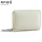 Beige tri-fold RFID storage bag with textured finish, front flap, and zipper closure.
