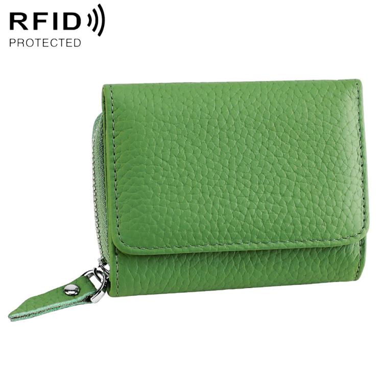 Green RFID multifunction storage bag with front flap and metal zipper pull