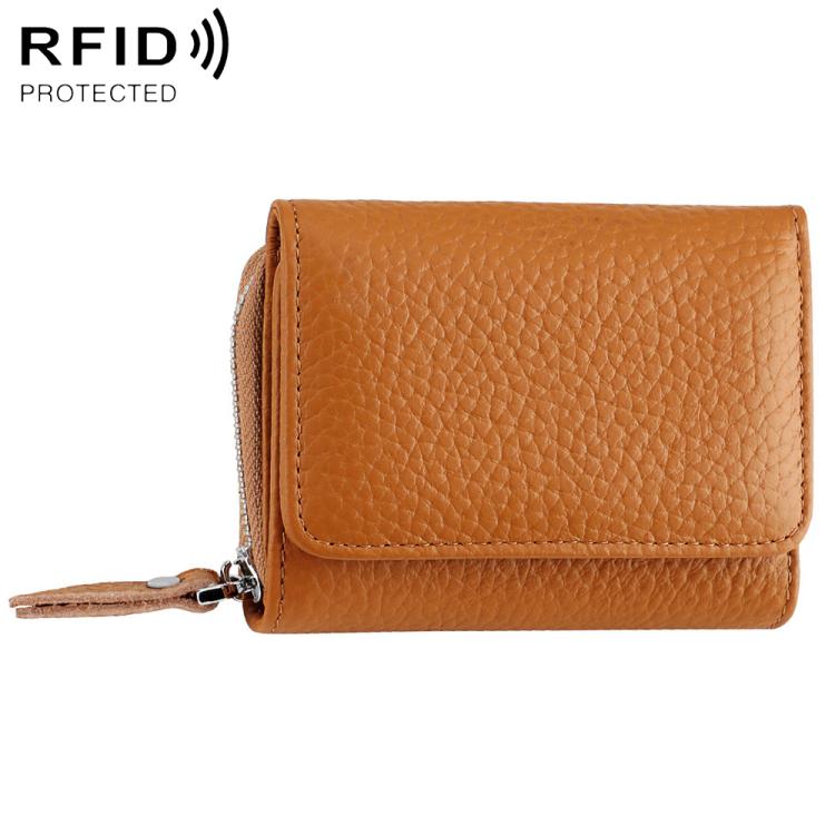 Brown RFID multifunction storage bag with front flap and zipper pull