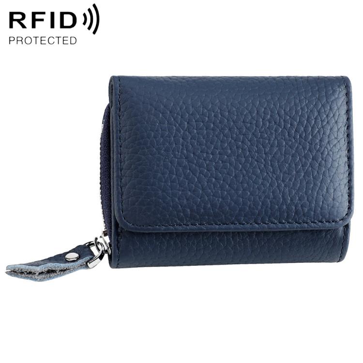 Dark blue RFID multifunction storage bag with front flap and zipper pull