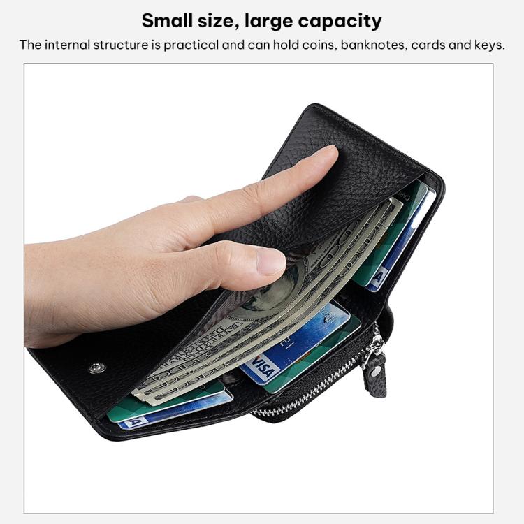 Black tri-fold RFID storage wallet with zipper, open to show card slots